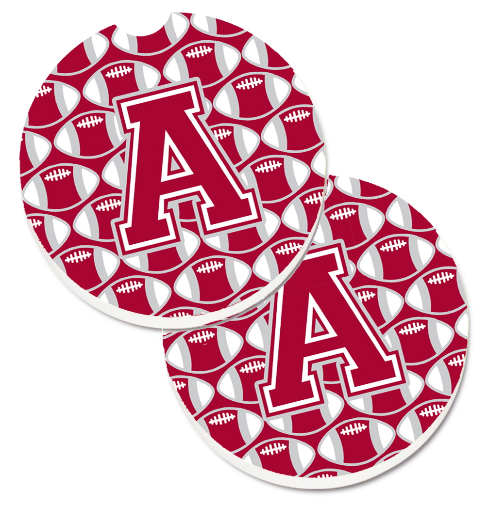 CJ1065-ACARC Letter A Football Crimson with Grey & White Set of 2 Cup Holder Car Coaster