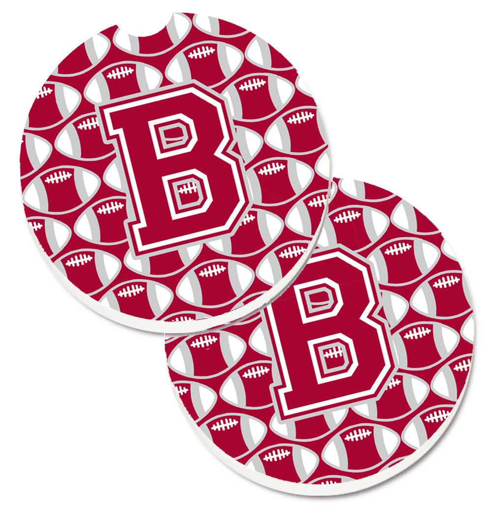 CJ1065-BCARC Letter B Football Crimson with Grey & White Set of 2 Cup Holder Car Coaster