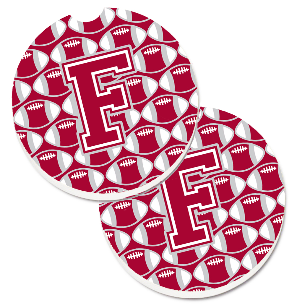 CJ1065-FCARC Letter F Football Crimson with Grey & White Set of 2 Cup Holder Car Coaster