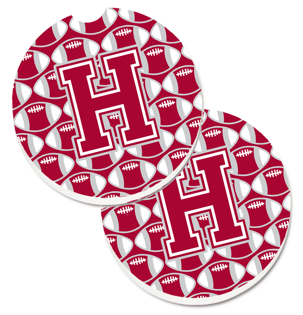 CJ1065-HCARC Letter H Football Crimson with Grey & White Set of 2 Cup Holder Car Coaster