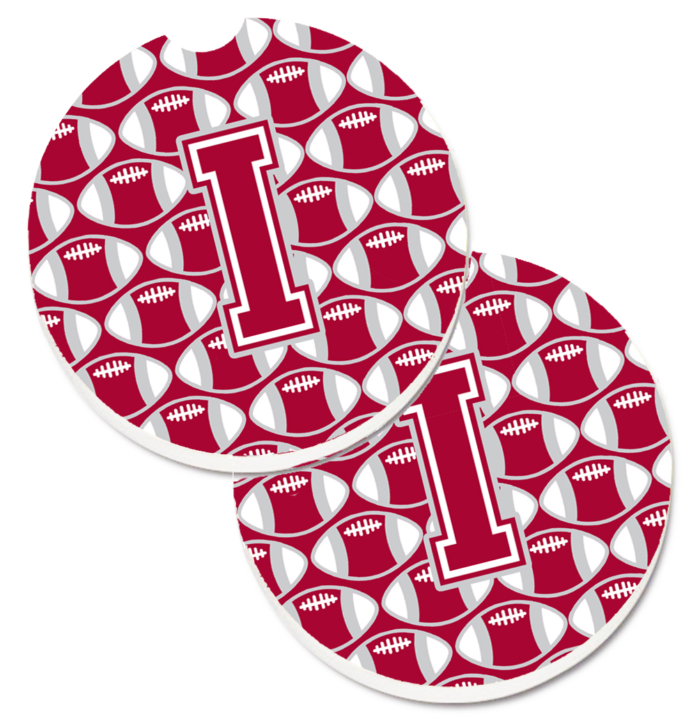 CJ1065-ICARC Letter I Football Crimson with Grey & White Set of 2 Cup Holder Car Coaster