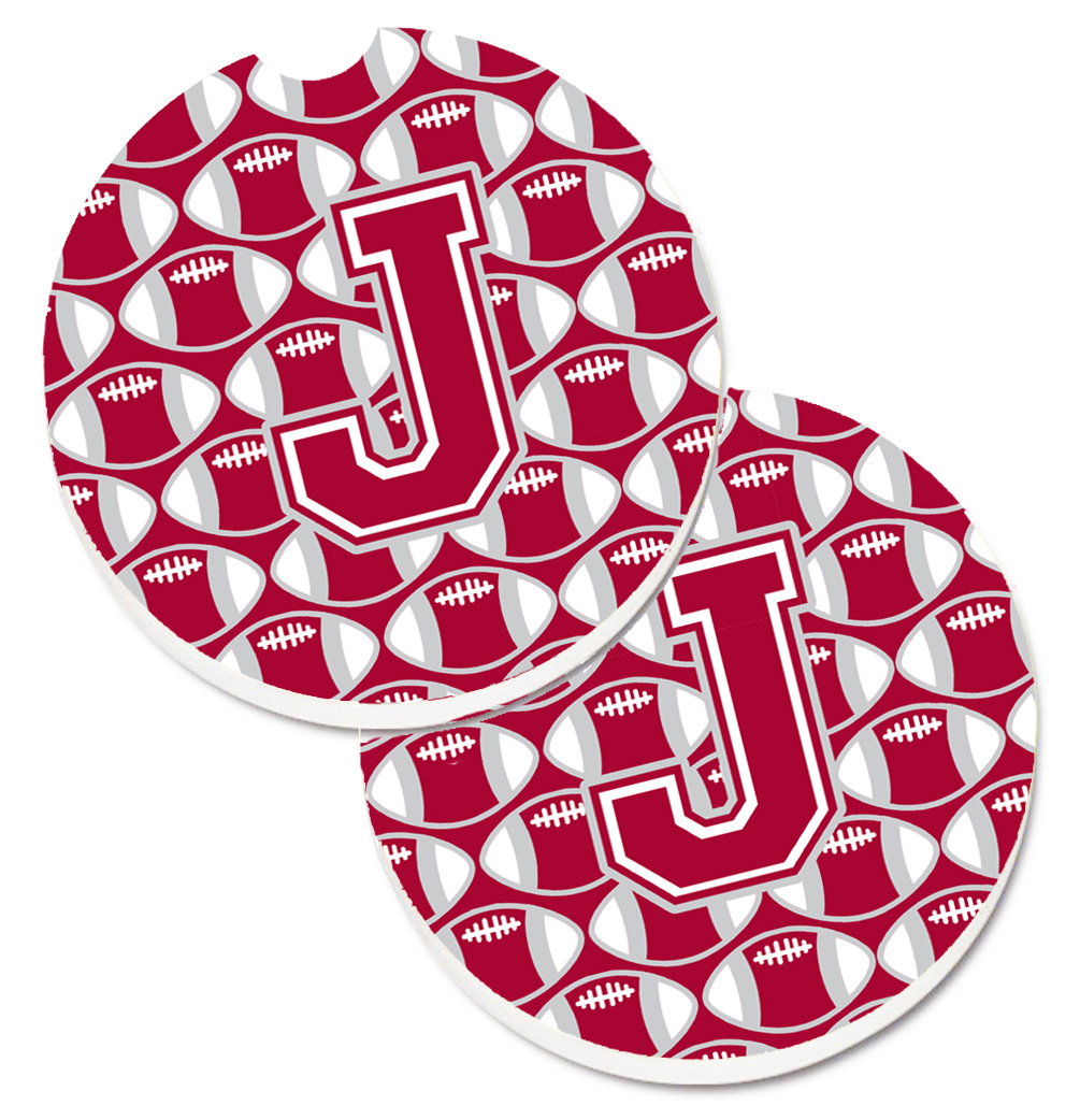 CJ1065-JCARC Letter J Football Crimson with Grey & White Set of 2 Cup Holder Car Coaster