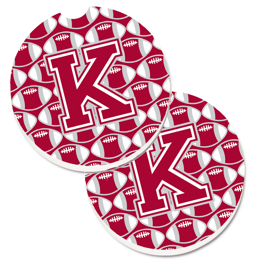 CJ1065-KCARC Letter K Football Crimson with Grey & White Set of 2 Cup Holder Car Coaster
