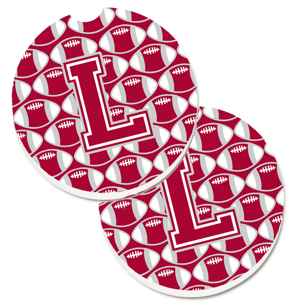 CJ1065-LCARC Letter L Football Crimson with Grey & White Set of 2 Cup Holder Car Coaster