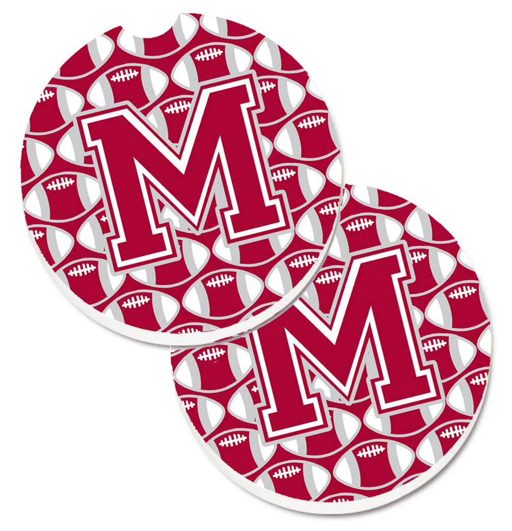 CJ1065-MCARC Letter M Football Crimson with Grey & White Set of 2 Cup Holder Car Coaster