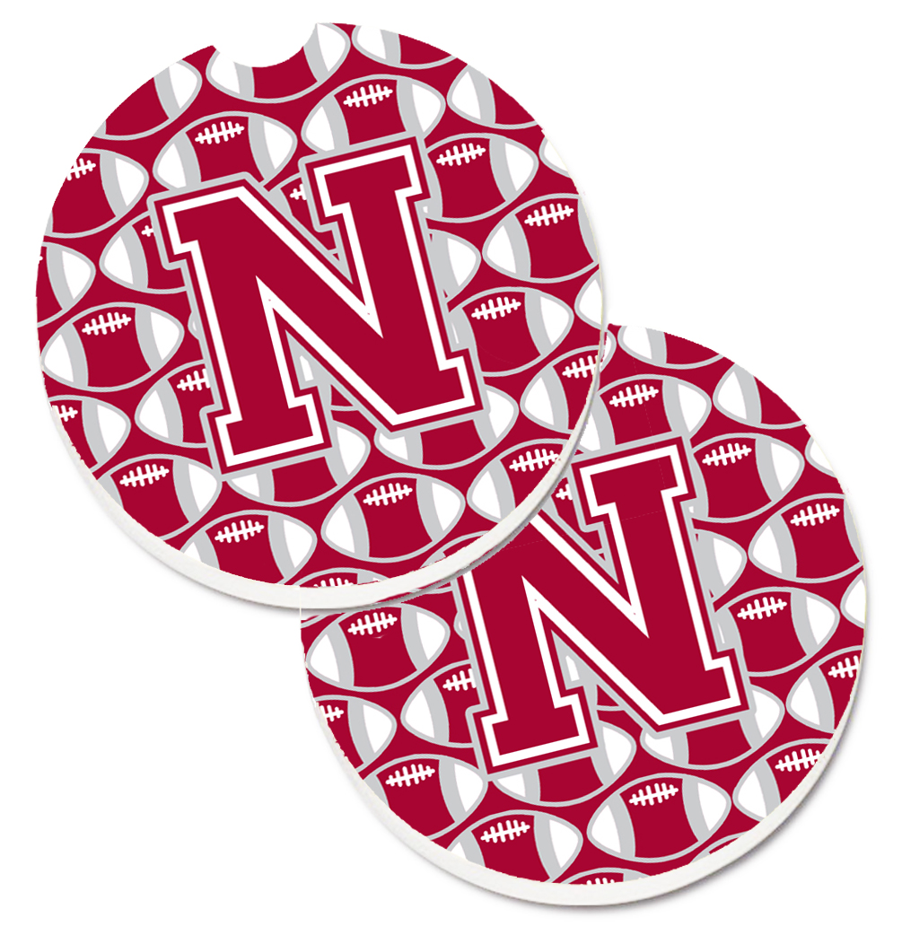 CJ1065-NCARC Letter N Football Crimson with Grey & White Set of 2 Cup Holder Car Coaster