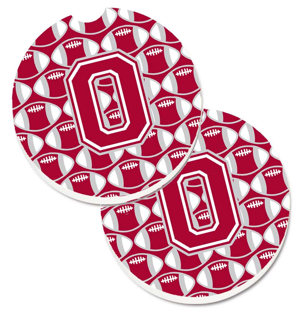 CJ1065-OCARC Letter O Football Crimson with Grey & White Set of 2 Cup Holder Car Coaster