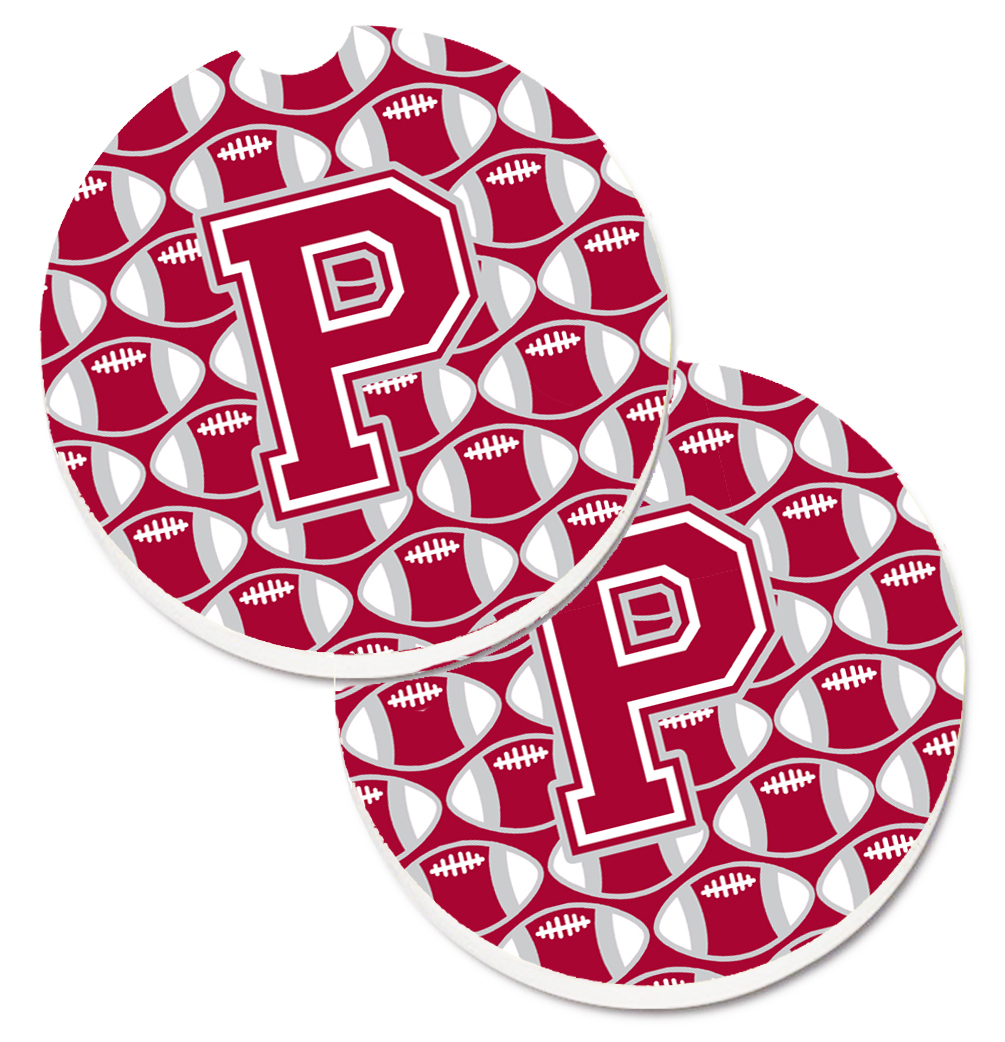 CJ1065-PCARC Letter P Football Crimson with Grey & White Set of 2 Cup Holder Car Coaster