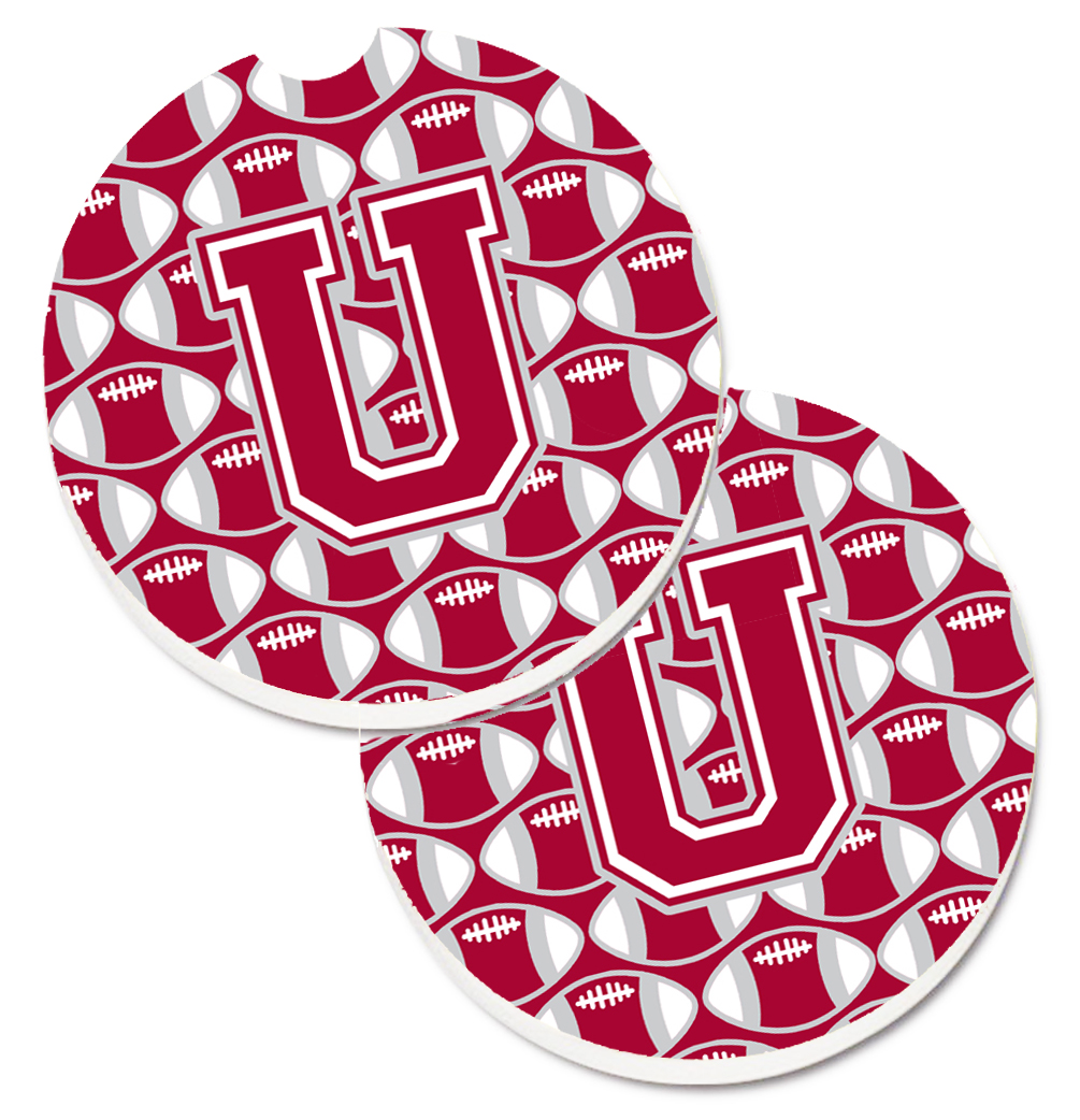 CJ1065-UCARC Letter U Football Crimson with Grey & White Set of 2 Cup Holder Car Coaster