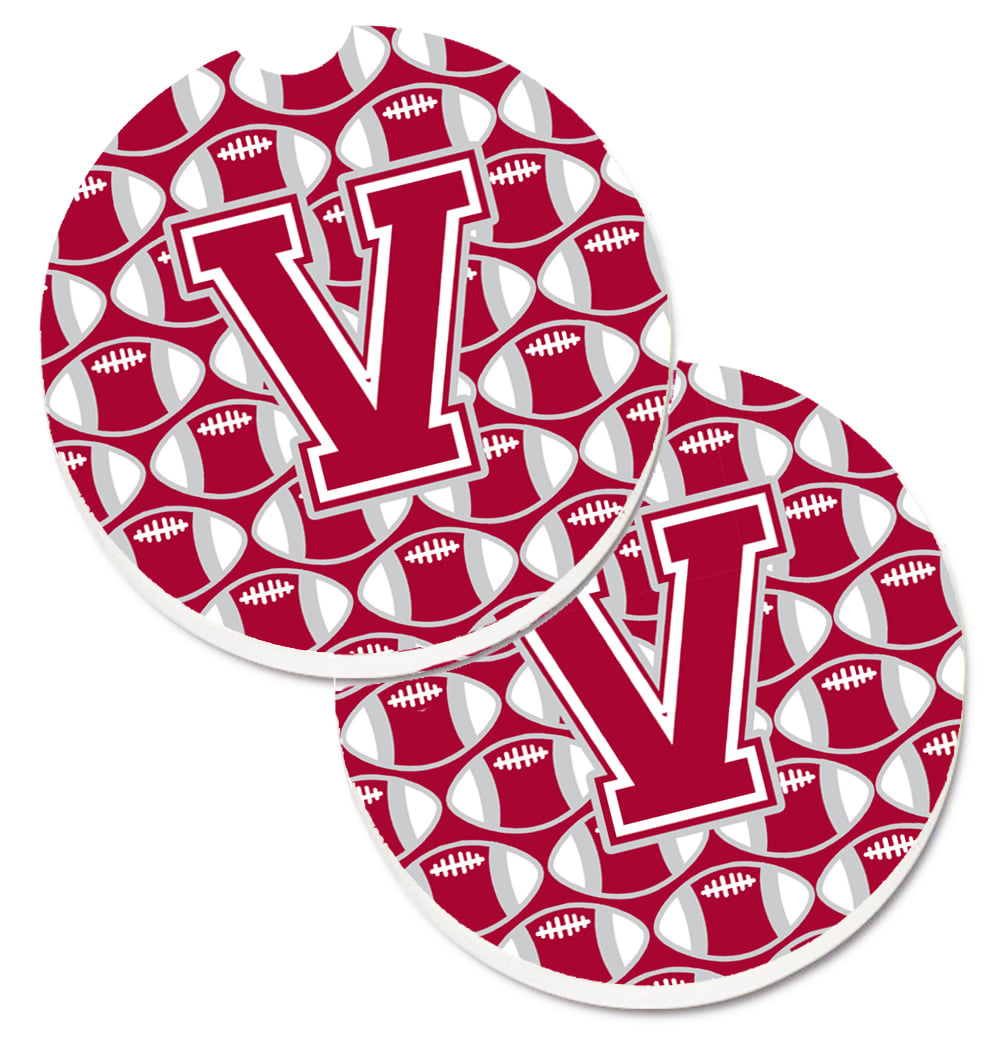CJ1065-VCARC Letter V Football Crimson with Grey & White Set of 2 Cup Holder Car Coaster