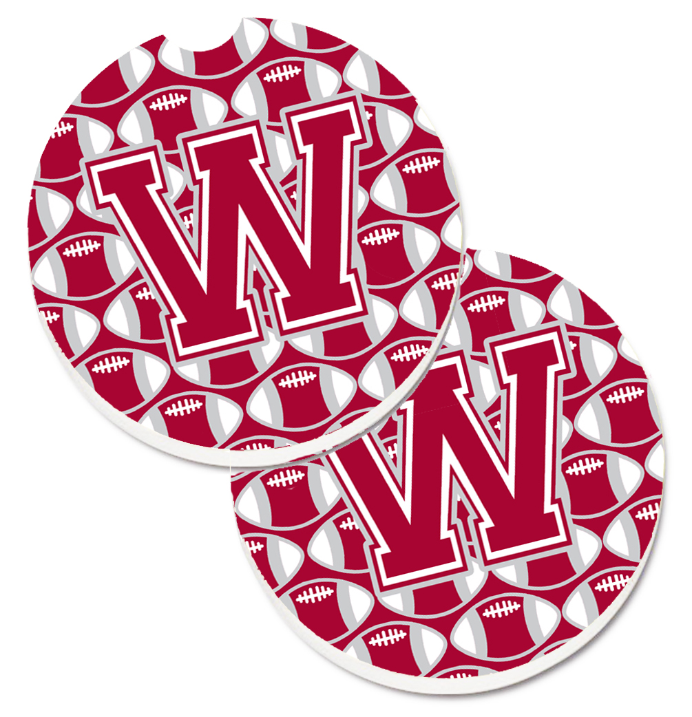 CJ1065-WCARC Letter W Football Crimson with Grey & White Set of 2 Cup Holder Car Coaster