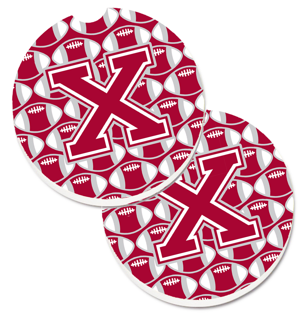 CJ1065-XCARC Letter X Football Crimson with Grey & White Set of 2 Cup Holder Car Coaster