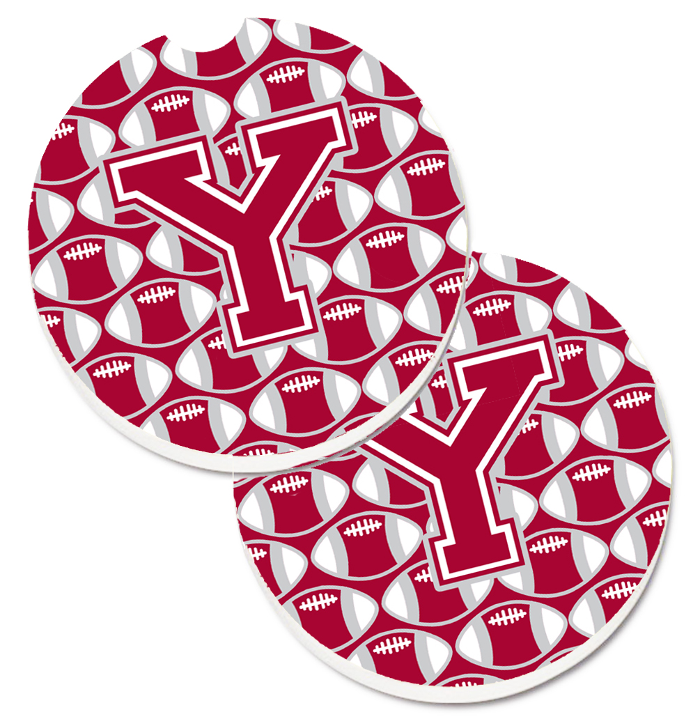 CJ1065-YCARC Letter Y Football Crimson with Grey & White Set of 2 Cup Holder Car Coaster
