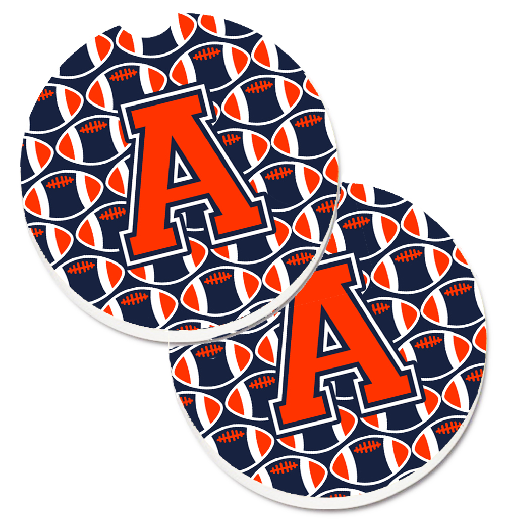 CJ1066-ACARC Letter A Football Orange with Blue & White Set of 2 Cup Holder Car Coaster