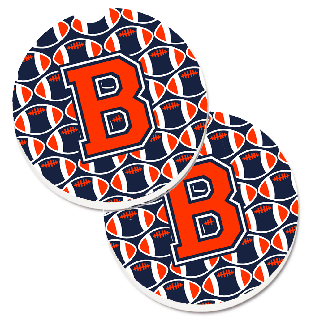 CJ1066-BCARC Letter B Football Orange with Blue & White Set of 2 Cup Holder Car Coaster