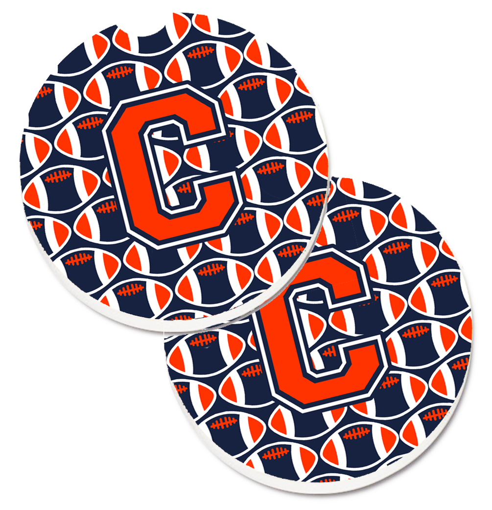 CJ1066-CCARC Letter C Football Orange with Blue & White Set of 2 Cup Holder Car Coaster