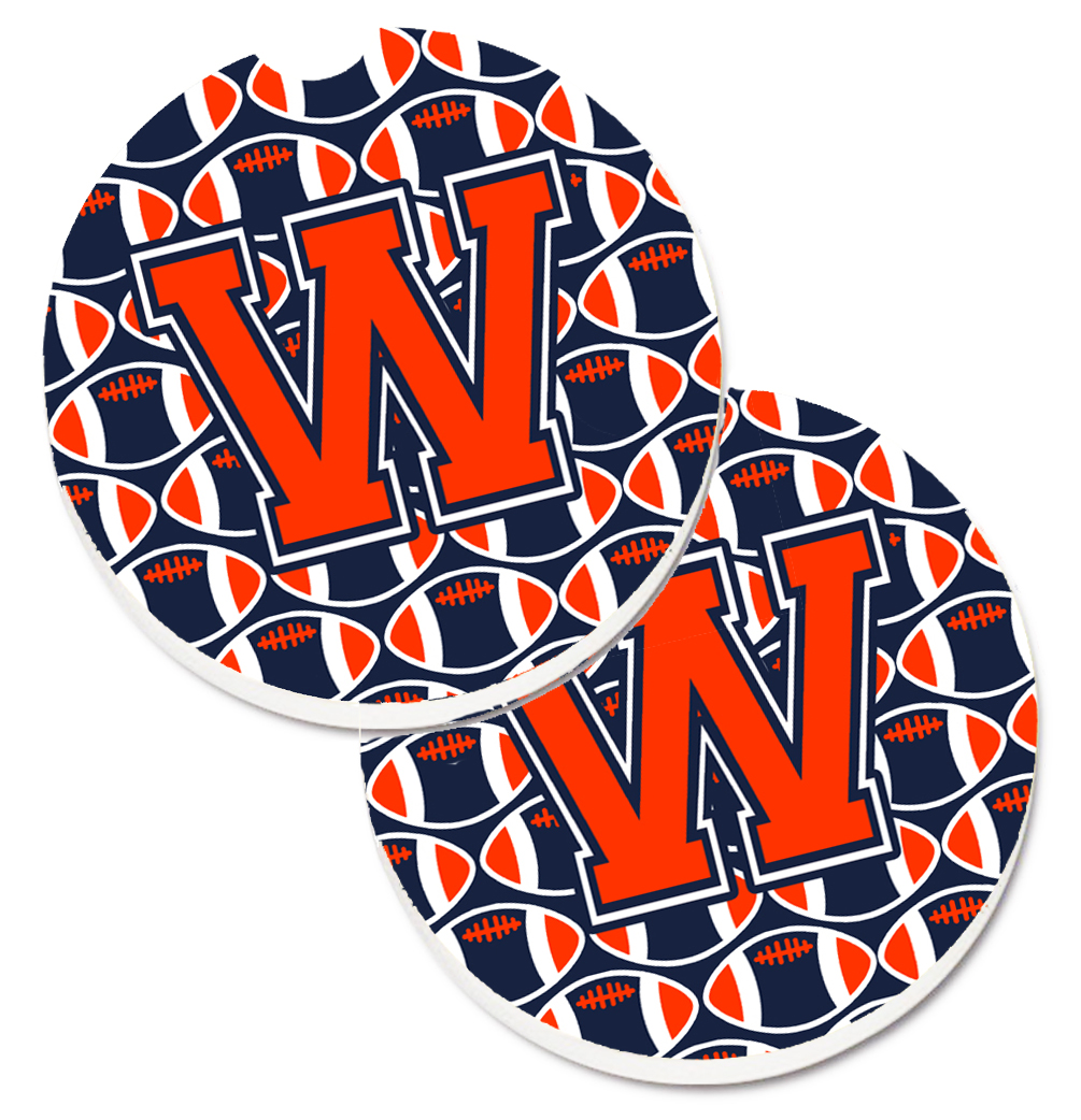 CJ1066-WCARC Letter W Football Orange with Blue & White Set of 2 Cup Holder Car Coaster