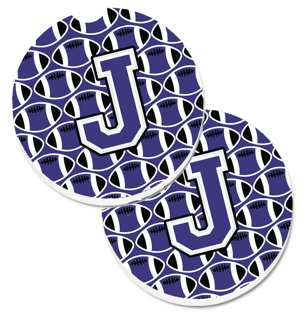 CJ1068-JCARC Letter J Football Purple & White Set of 2 Cup Holder Car Coaster