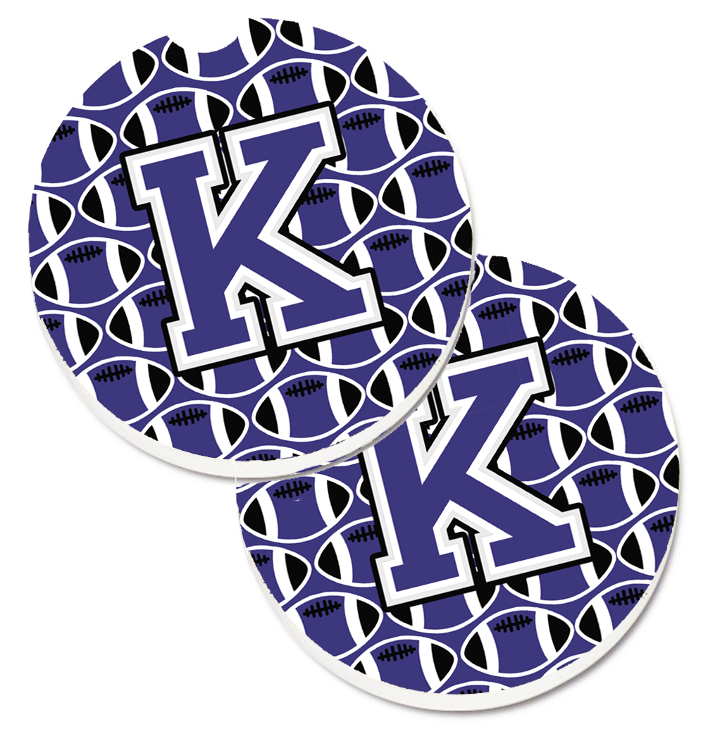 CJ1068-KCARC Letter K Football Purple & White Set of 2 Cup Holder Car Coaster