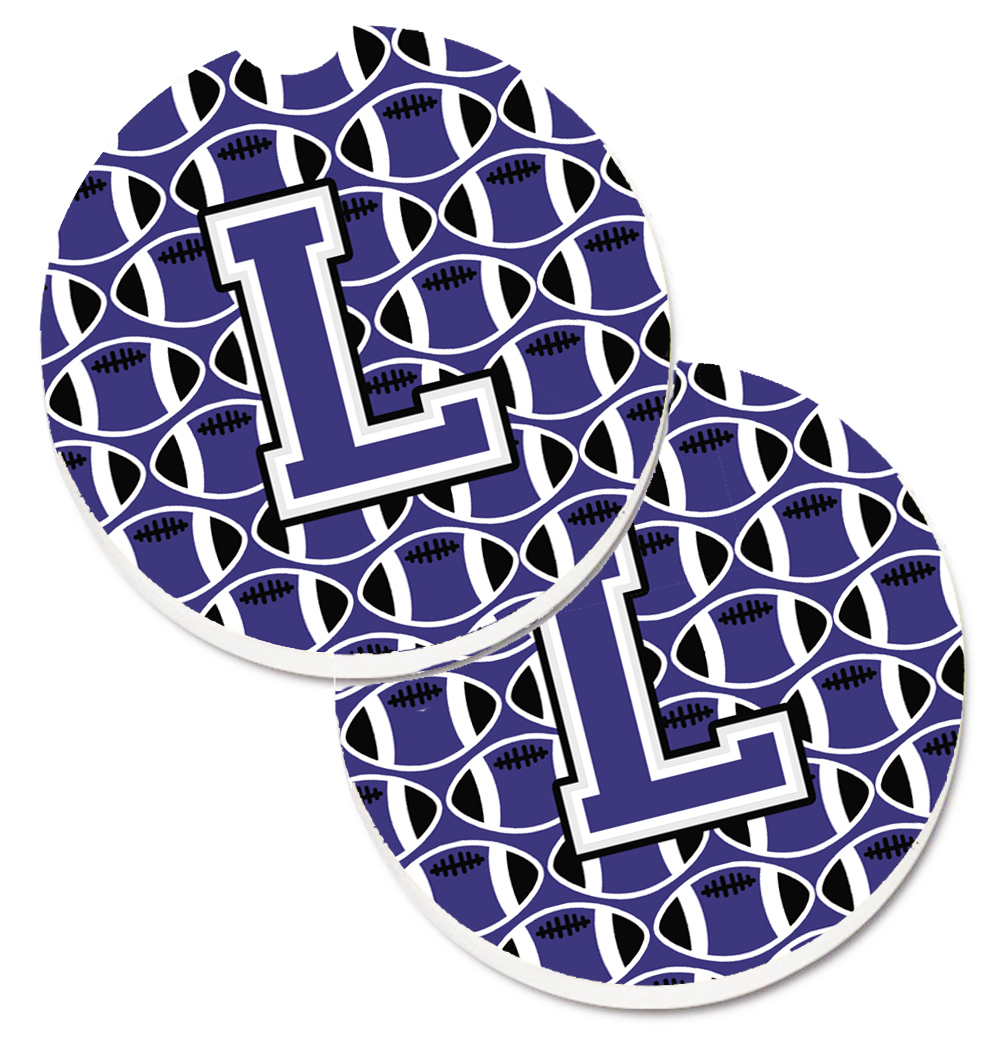 CJ1068-LCARC Letter L Football Purple & White Set of 2 Cup Holder Car Coaster