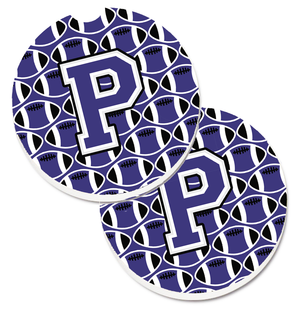 CJ1068-PCARC Letter P Football Purple & White Set of 2 Cup Holder Car Coaster