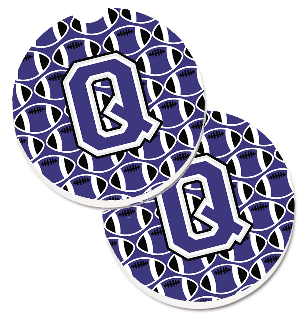 CJ1068-QCARC Letter Q Football Purple & White Set of 2 Cup Holder Car Coaster