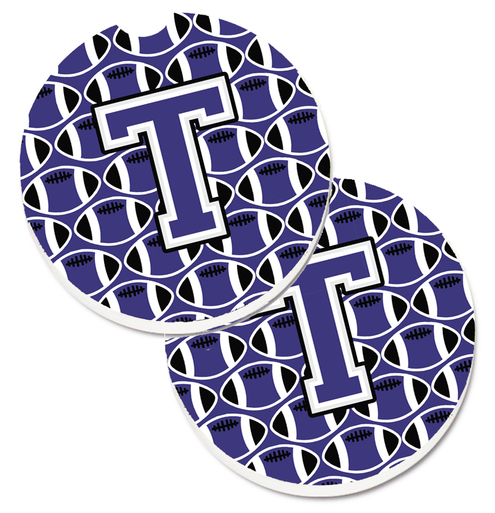 CJ1068-TCARC Letter T Football Purple & White Set of 2 Cup Holder Car Coaster