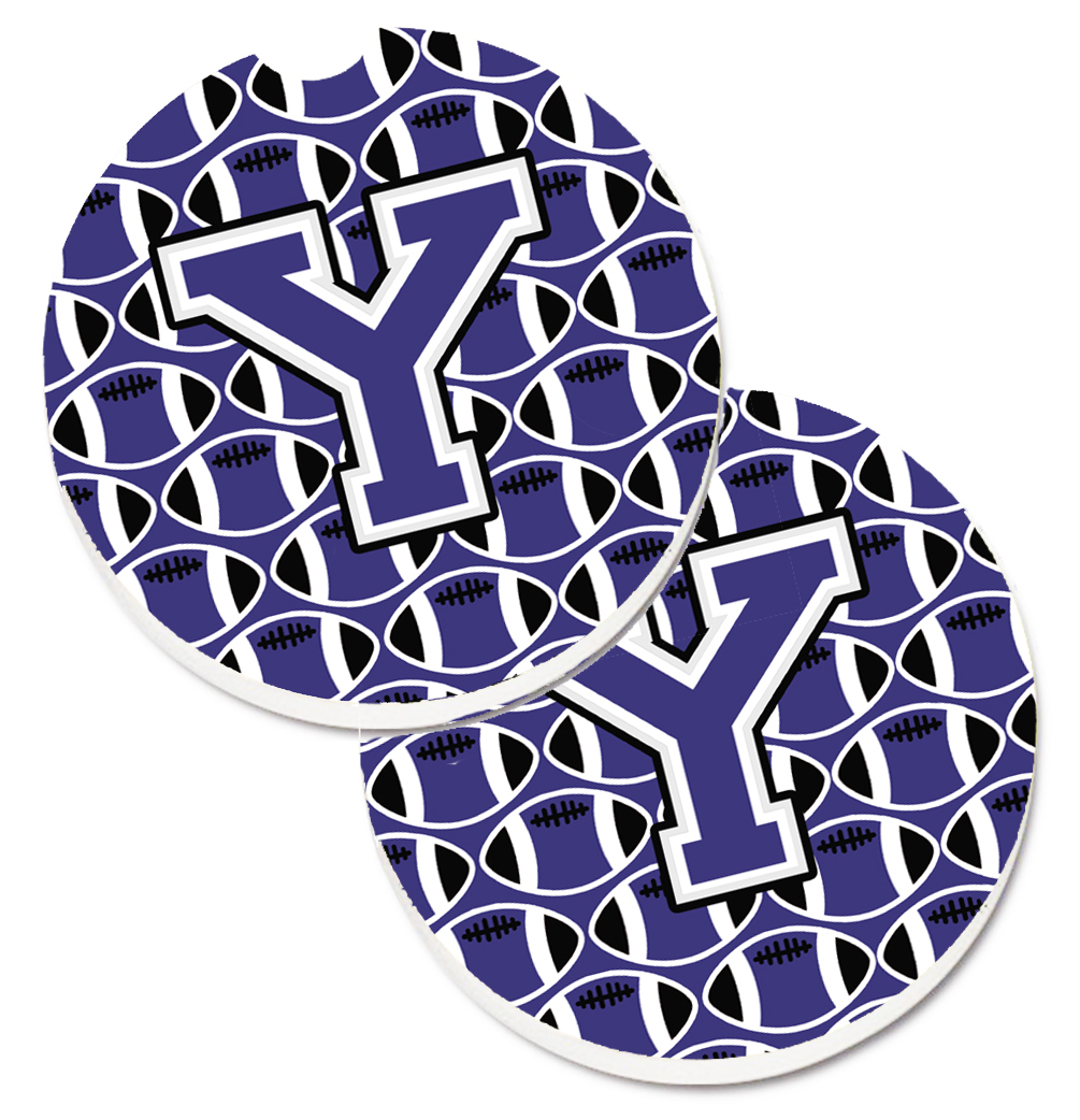 CJ1068-YCARC Letter Y Football Purple & White Set of 2 Cup Holder Car Coaster