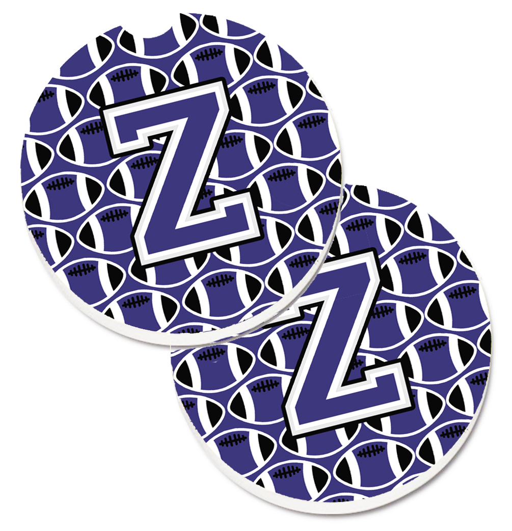 CJ1068-ZCARC Letter Z Football Purple & White Set of 2 Cup Holder Car Coaster