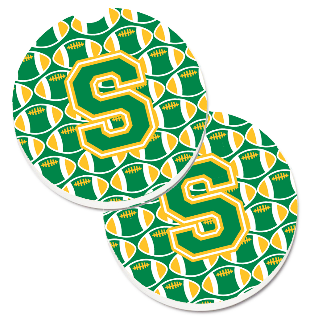 CJ1069-SCARC Letter S Football Green & Gold Set of 2 Cup Holder Car Coaster