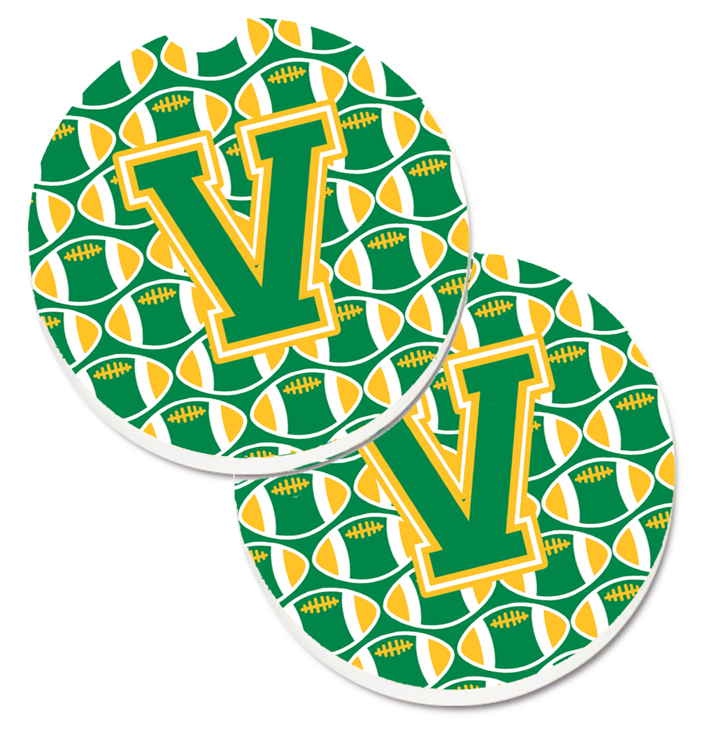 CJ1069-VCARC Letter V Football Green & Gold Set of 2 Cup Holder Car Coaster