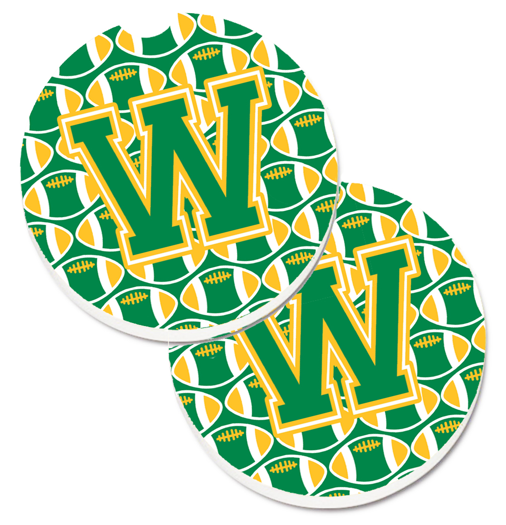 CJ1069-WCARC Letter W Football Green & Gold Set of 2 Cup Holder Car Coaster