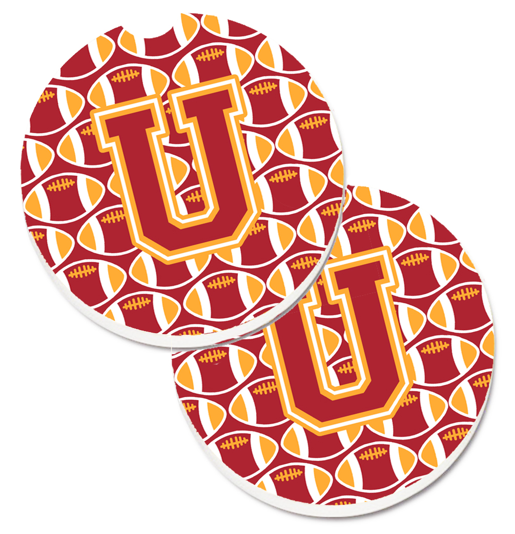 CJ1070-UCARC Letter U Football Cardinal & Gold Set of 2 Cup Holder Car Coaster
