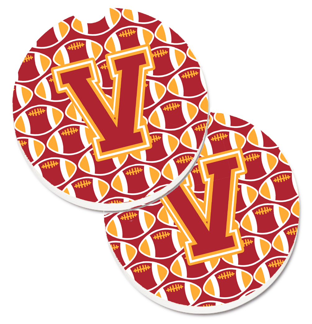CJ1070-VCARC Letter V Football Cardinal & Gold Set of 2 Cup Holder Car Coaster