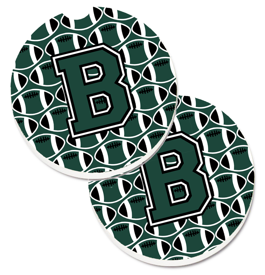 CJ1071-BCARC Letter B Football Green & White Set of 2 Cup Holder Car Coaster