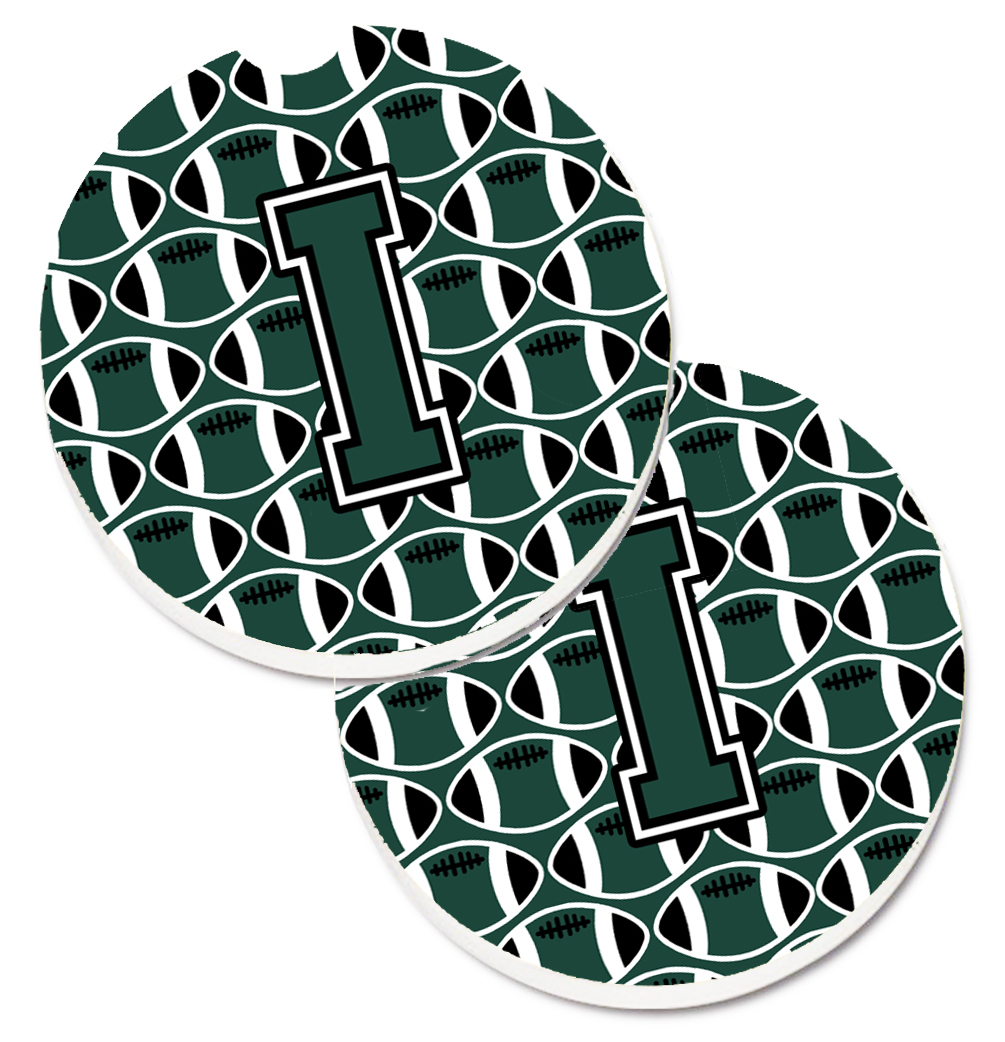 CJ1071-ICARC Letter I Football Green & White Set of 2 Cup Holder Car Coaster