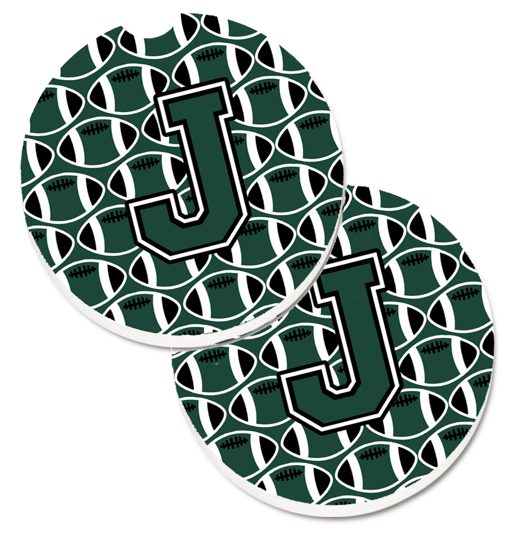 CJ1071-JCARC Letter J Football Green & White Set of 2 Cup Holder Car Coaster