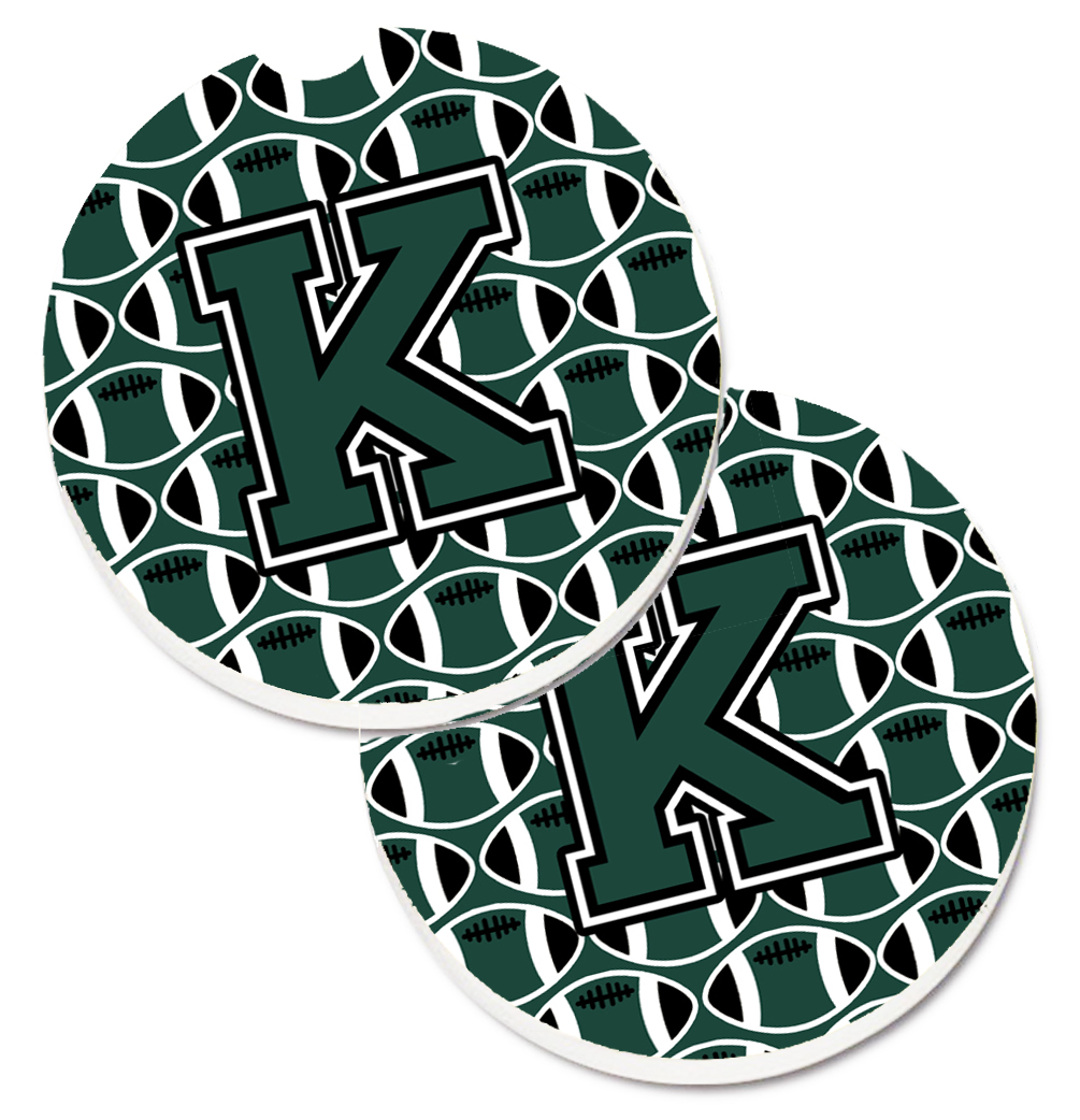 CJ1071-KCARC Letter K Football Green & White Set of 2 Cup Holder Car Coaster