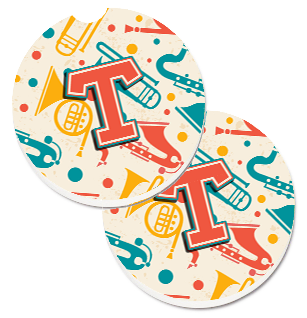 CJ2001-TCARC Letter T Retro Teal Orange Musical Instruments Initial Set of 2 Cup Holder Car Coaster
