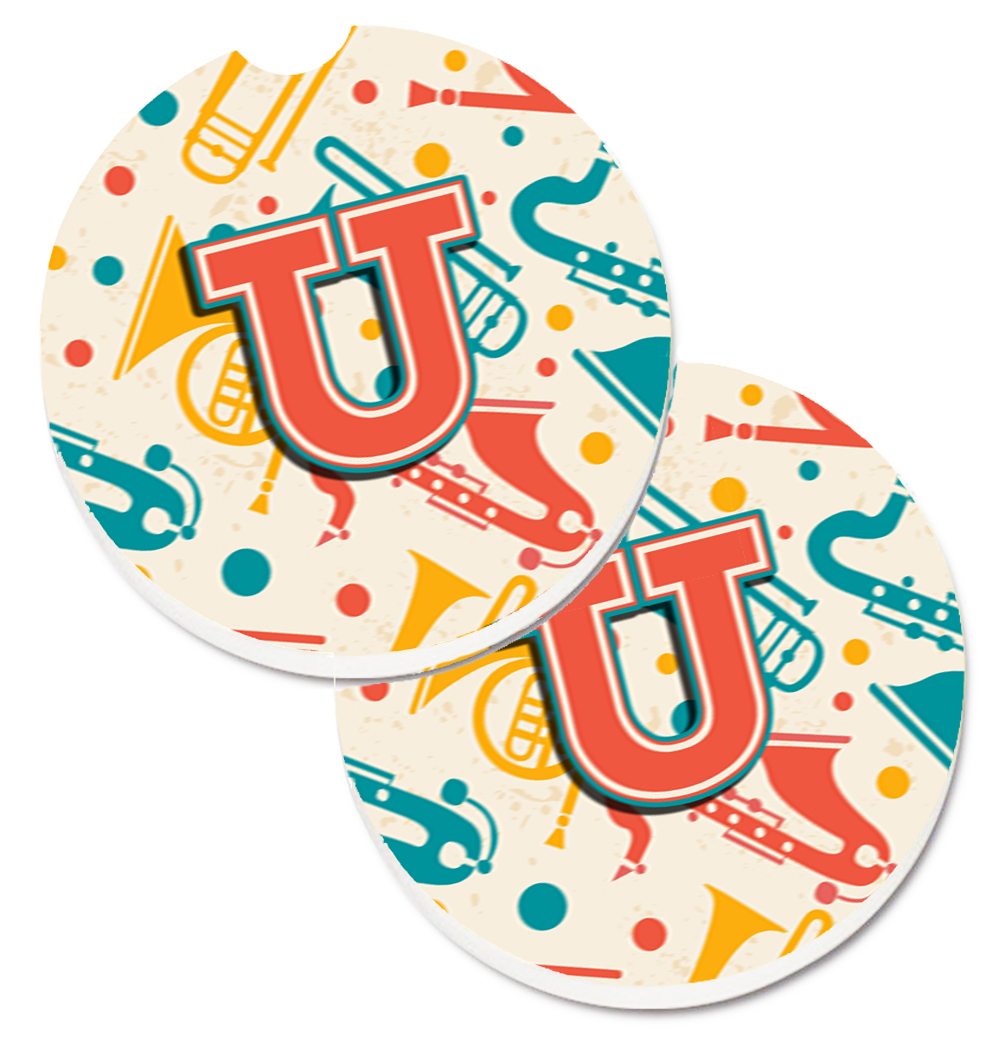 CJ2001-UCARC Letter U Retro Teal Orange Musical Instruments Initial Set of 2 Cup Holder Car Coaster