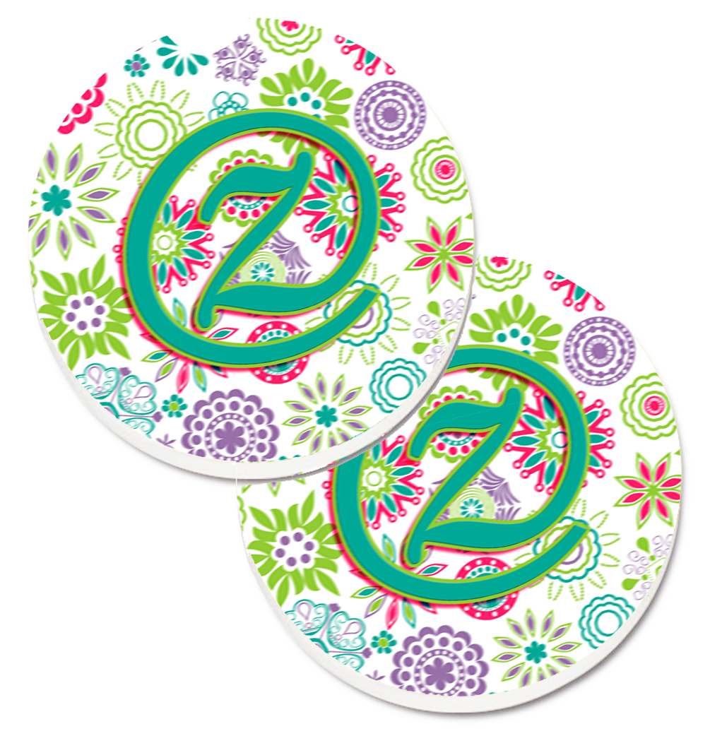 CJ2011-ZCARC Letter Z Flowers Pink & Teal Green Initial Set of 2 Cup Holder Car Coaster