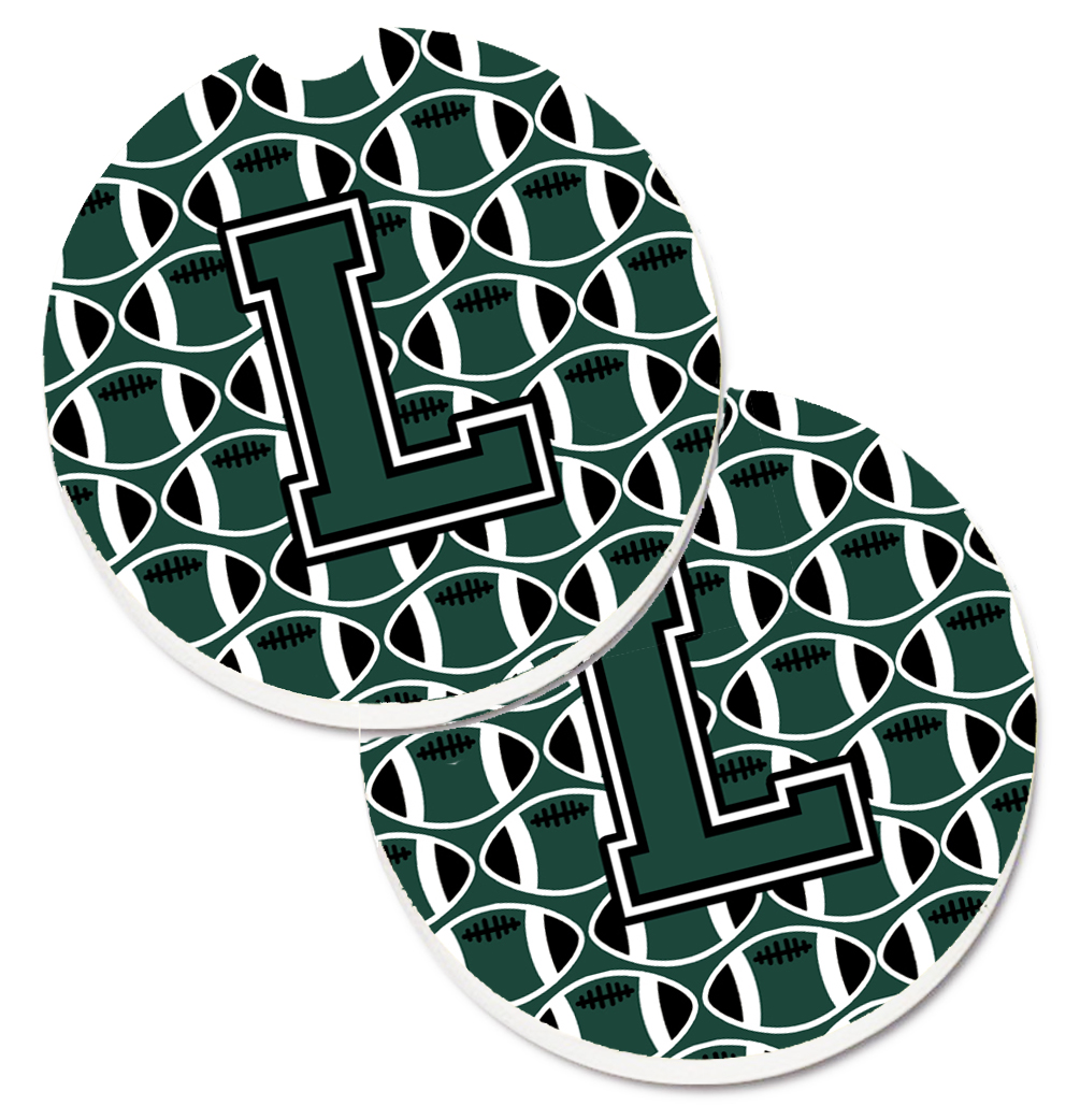 CJ1071-LCARC Letter L Football Green & White Set of 2 Cup Holder Car Coaster