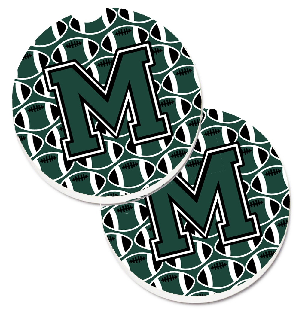 CJ1071-MCARC Letter M Football Green & White Set of 2 Cup Holder Car Coaster