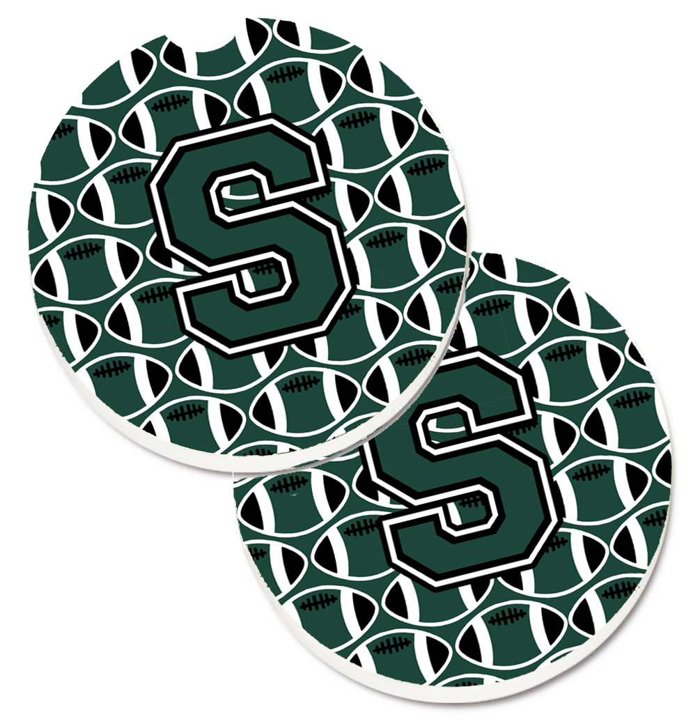 CJ1071-SCARC Letter S Football Green & White Set of 2 Cup Holder Car Coaster