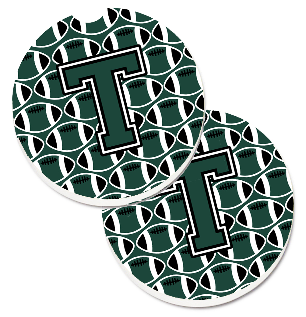 CJ1071-TCARC Letter T Football Green & White Set of 2 Cup Holder Car Coaster