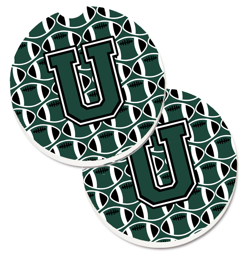 CJ1071-UCARC Letter U Football Green & White Set of 2 Cup Holder Car Coaster