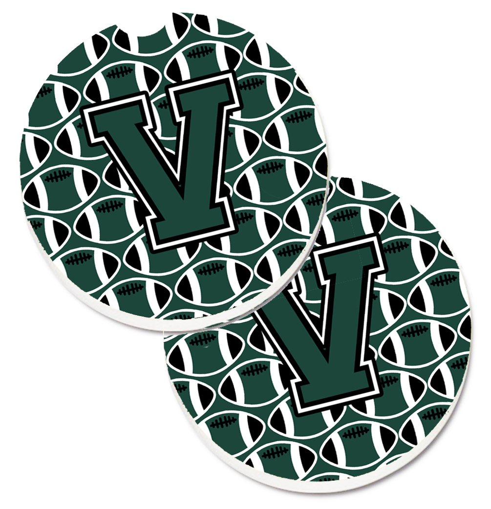CJ1071-VCARC Letter V Football Green & White Set of 2 Cup Holder Car Coaster