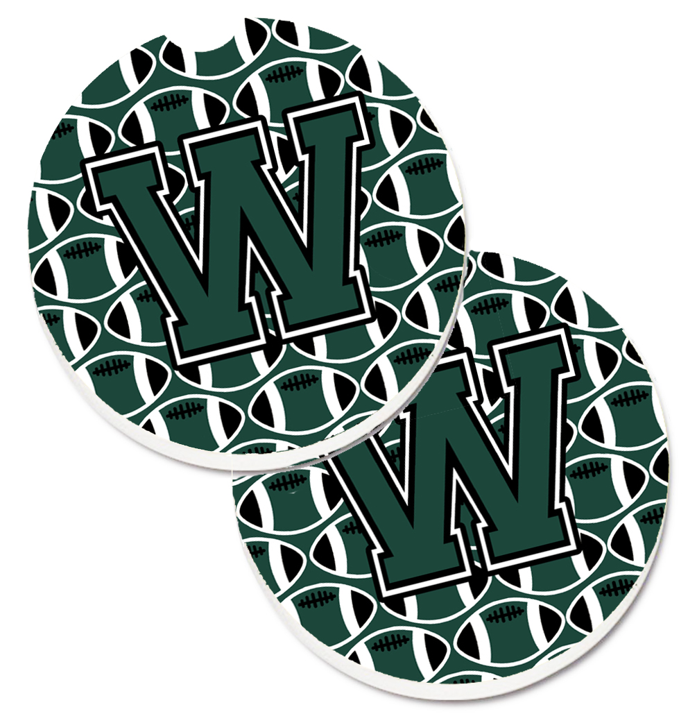 CJ1071-WCARC Letter W Football Green & White Set of 2 Cup Holder Car Coaster