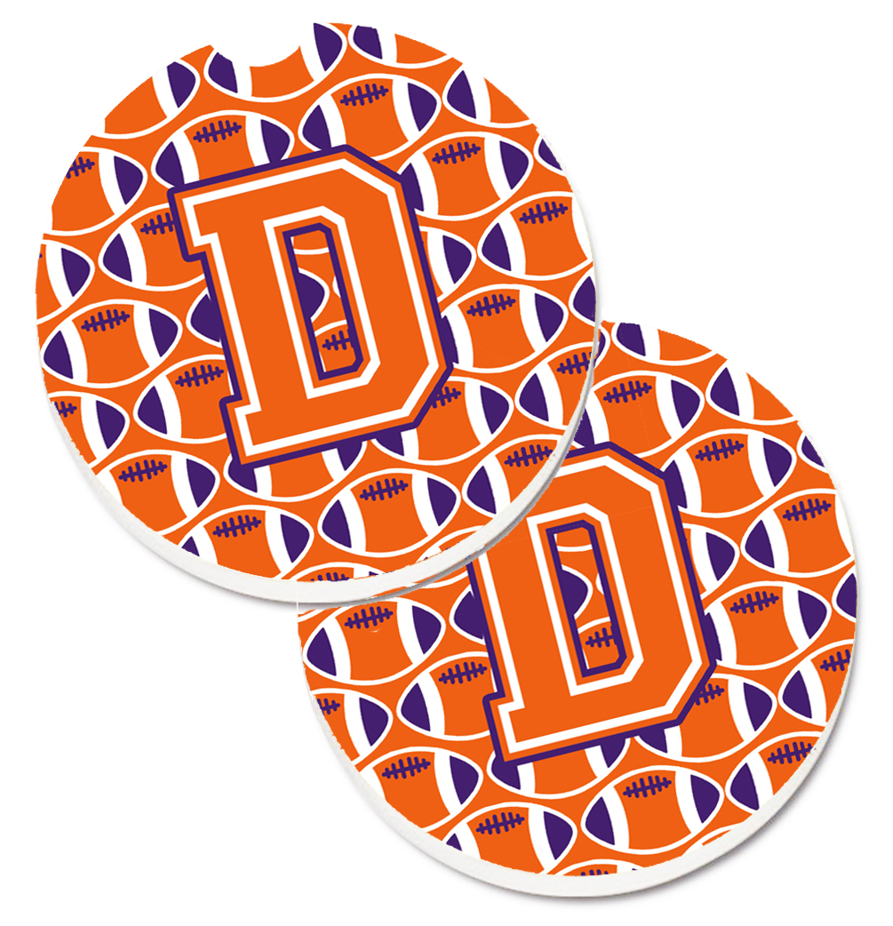 CJ1072-DCARC Letter D Football Orange with White & Regalia Set of 2 Cup Holder Car Coaster