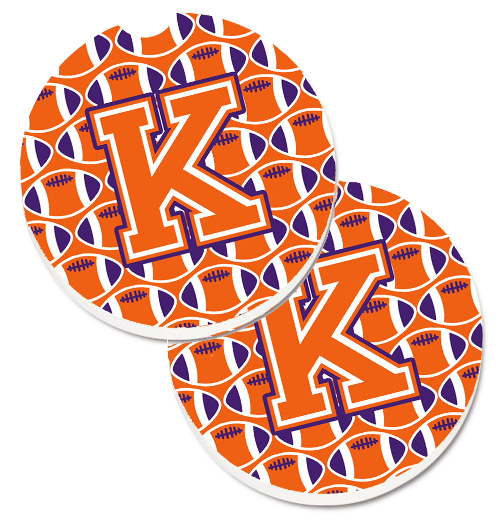 CJ1072-KCARC Letter K Football Orange with White & Regalia Set of 2 Cup Holder Car Coaster